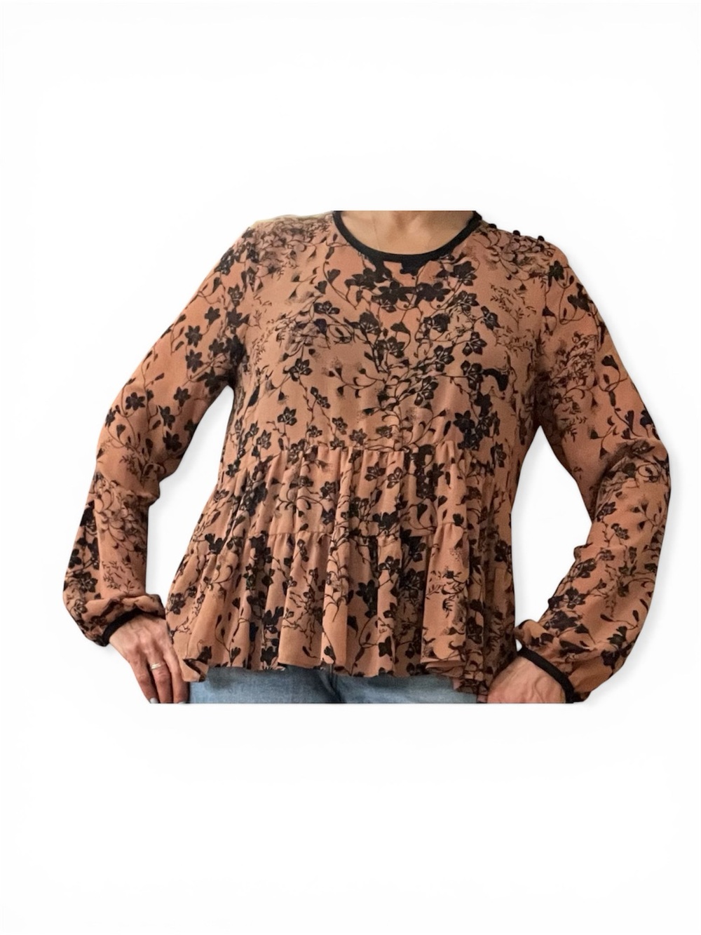 Kimchi Blue Rust Brown Floral Peplum Long-Sleeve Blouse